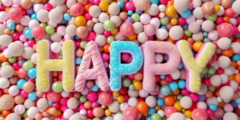 Foto op Aluminium Text happy made from from 3 d letters shaped sweet candy on white paper background. Positive birthday party colorful background  © mshynkarchuk