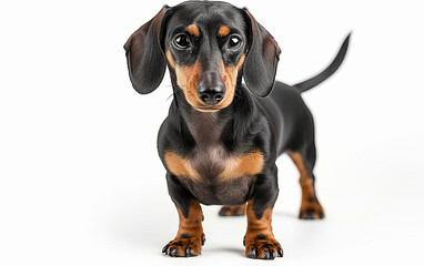 In this photo, a small black and brown dog is seen standing next to a white wall. The dogs fur contrasts against the wall, creating a simple yet striking image