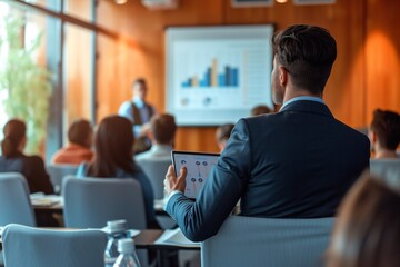 a man in a suit holding a tablet