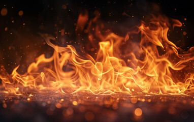 This photograph captures a close-up view of a bright and intense fire blazing against a deep black background. The flames dance and flicker, creating a stark contrast in the frame - obrazy, fototapety, plakaty
