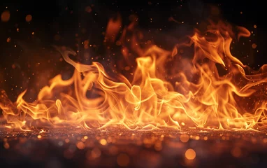 Foto op Aluminium This photograph captures a close-up view of a bright and intense fire blazing against a deep black background. The flames dance and flicker, creating a stark contrast in the frame © imagineRbc