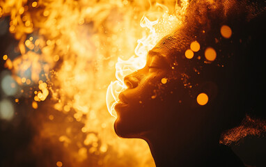 A multiracial woman is pictured standing in front of a crackling fire, her eyes closed in contemplation or relaxation. The warm glow of the fire illuminates her face, creating a serene atmosphere - Powered by Adobe