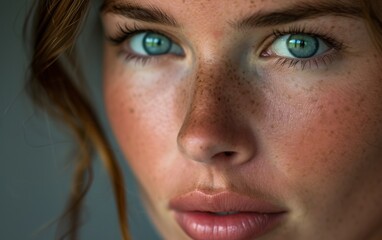 Fototapeta premium A photograph of a woman with freckled hair and striking blue eyes looking directly at the camera
