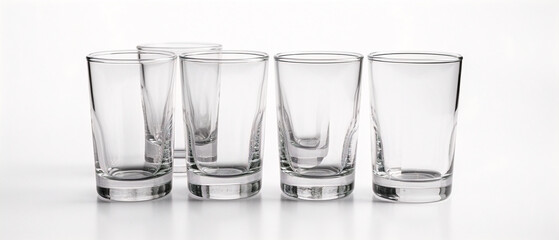 A collection of transparent drinking glasses placed neatly on a white background.