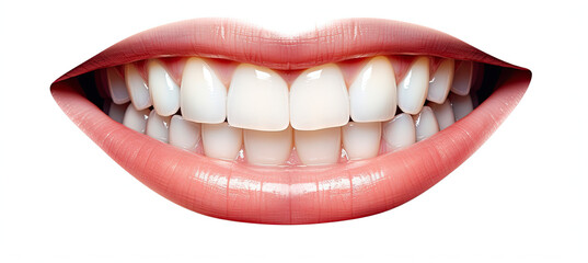 Fototapeta premium Smiling female mouth with shiny healthy white teeth. isolated on white background