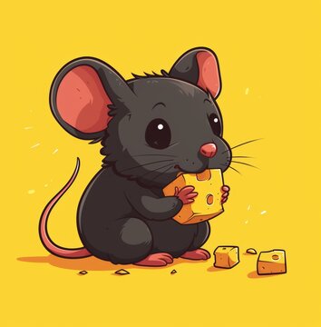 : An illustration of a cheerful mouse with large ears holding a piece of Swiss cheese on a yellow background.