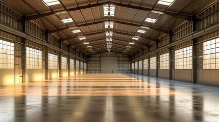 Empty warehouse, Factory Interior Hangar Building Backdrop  - obrazy, fototapety, plakaty
