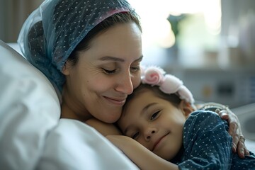 A resilient mother battling cancer smiling while bonding with her child in hospital. Concept Portrait Photography, Motherhood, Cancer Survivor, Healthcare, Maternal Love
