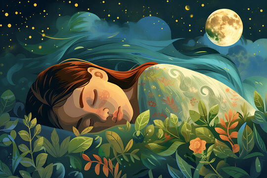 The girl sleeps under the starry sky and the moon, world sleep day