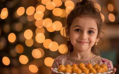 Naklejka premium A young girl, of mixed race, is standing in front of a decorated Christmas tree, holding a plate of food. She looks joyful and festive as she poses for the camera