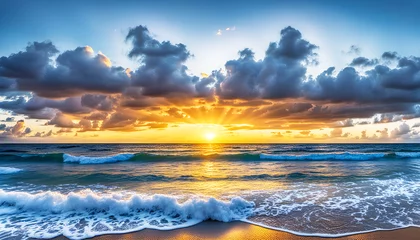 Foto auf Alu-Dibond Abendrot oder Sonnenaufgang am Strand mit tropischen Palmen, einem Ozean oder Meer aus türkisen Wasser mit Wellen und einem weiten Himmel mit Sonne Wolken in bunten Farben schöner Urlaub Insel Küste © www.barfuss-junge.de
