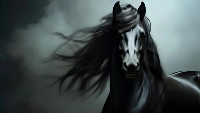 Portrait of a black horse against a background of foggy weather