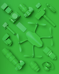 Naklejka premium Top view of designer workspace and photography gear on monochrome table