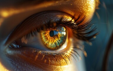 This close-up photograph captures the intricate details of a persons eye with a striking yellow iris. The texture of the iris and the reflection of light create a captivating image