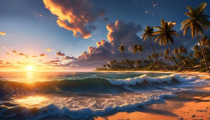 Keuken spatwand met foto Abendrot oder Sonnenaufgang am Strand mit tropischen Palmen, einem Ozean oder Meer aus türkisen Wasser mit Wellen und einem weiten Himmel mit Sonne Wolken in bunten Farben schöner Urlaub Insel Küste © www.barfuss-junge.de
