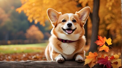 Happy Corgi dog on a broad web banner with an autumnal natural backdrop. Dog activities in the fall. Advice For Dogs During Fall. Getting the dog ready for fall walks and fireworks