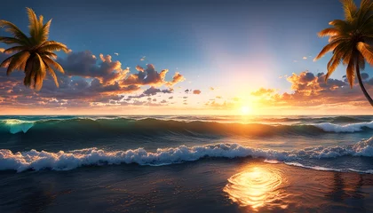 Poster Abendrot oder Sonnenaufgang am Strand mit tropischen Palmen, einem Ozean oder Meer aus türkisen Wasser mit Wellen und einem weiten Himmel mit Sonne Wolken in bunten Farben schöner Urlaub Insel Küste © www.barfuss-junge.de