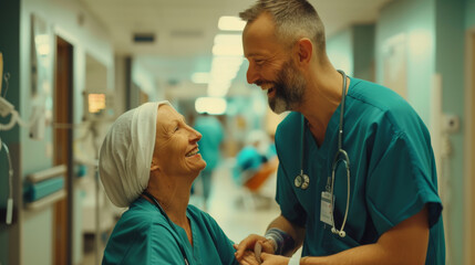 male healthcare professional in scrubs is smiling and conversing with a female patient , who is sitting in a hospital bed and also smiling.