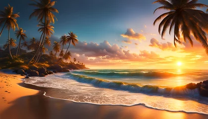 Foto op Plexiglas anti-reflex Abendrot oder Sonnenaufgang am Strand mit tropischen Palmen, einem Ozean oder Meer aus türkisen Wasser mit Wellen und einem weiten Himmel mit Sonne Wolken in bunten Farben schöner Urlaub Insel Küste © www.barfuss-junge.de