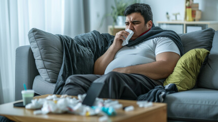 Fototapeta premium man lying on a couch, blowing his nose with a tissue, appearing to be ill