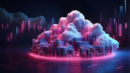 Cloud-based computing Concept for Data Base Technology using neon structures that light against a dark background. An example of generative AI, Cloud Data Base Technology concept with blue and pink  - obrazy, fototapety, plakaty
