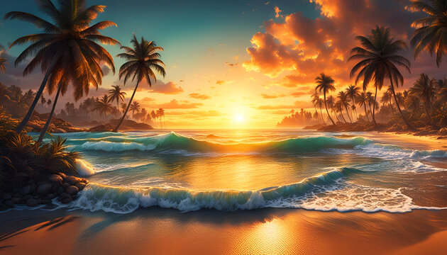 Abendrot oder Sonnenaufgang am Strand mit tropischen Palmen, einem Ozean oder Meer aus t&uuml;rkisen Wasser mit Wellen und einem weiten Himmel mit Sonne Wolken in bunten Farben sch&ouml;ner Urlaub Insel K&uuml;ste