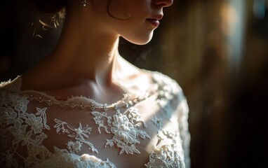 A multiracial woman wearing a white dress stands gazing into the distance, her expression contemplative. The soft light highlights the details of her outfit and hair as she stands still in the moment - Powered by Adobe