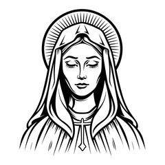 Our Lady Virgin Mary Mother of Jesus, Holy Mary, madonna, vector illustration, black on white background, printable, suitable for logo, sign, tattoo, laser cutting, sticker and other print on demand	