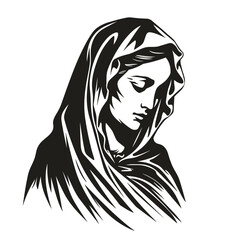 Our Lady Virgin Mary Mother of Jesus, Holy Mary, madonna, vector illustration, black on white background, printable, suitable for logo, sign, tattoo, laser cutting, sticker and other print on demand	