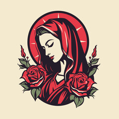 Our Lady Virgin Mary Mother of Jesus, Holy Mary, madonna with roses, vector illustration, black on white background, printable, suitable for logo, sign, tattoo, laser cutting, sticker