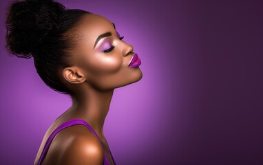 a woman with purple makeup