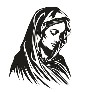 recommend clip art: Our Lady Virgin Mary Mother of Jesus, Holy Mary, madonna, vector illustration, black on white background, printable, suitable for logo, sign, tattoo, laser cutting, sticker and other print on demand	