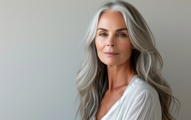 Fototapeta premium A photo capturing a multiracial woman with grey hair wearing a white shirt. The woman is depicted in a simple and stylish manner