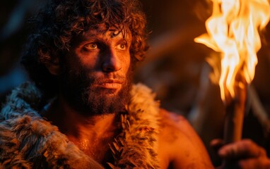 A photograph showing a man of mixed race wearing a fur coat, holding a stick with a flame at the end. The mans attire and the fiery element in his hand are the main focal points of the image - Powered by Adobe