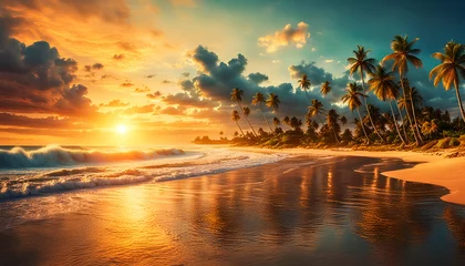 Fotobehang Abendrot oder Sonnenaufgang am Strand mit tropischen Palmen, einem Ozean oder Meer aus türkisen Wasser mit Wellen und einem weiten Himmel mit Sonne Wolken in bunten Farben schöner Urlaub Insel Küste © www.barfuss-junge.de