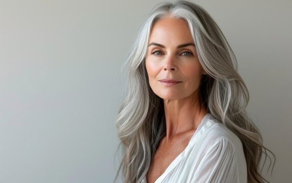 A photo capturing a multiracial woman with grey hair wearing a white shirt. The woman is depicted in a simple and stylish manner