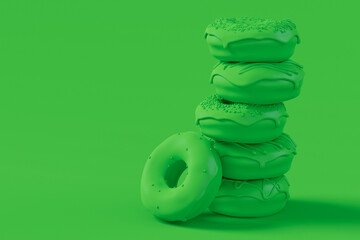 Stack of glazed donut with sprinkles on plain monochrome green color
