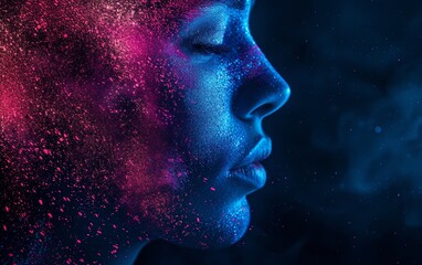 A close-up image showing a womans face covered in vibrant pink and blue powder, creating a colorful and dramatic look