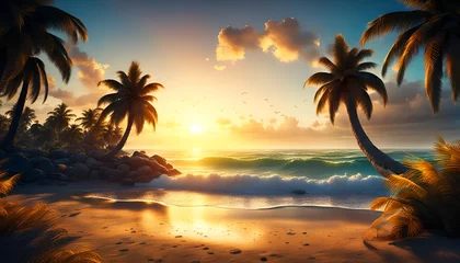 Foto op Plexiglas Abendrot oder Sonnenaufgang am Strand mit tropischen Palmen, einem Ozean oder Meer aus türkisen Wasser mit Wellen und einem weiten Himmel mit Sonne Wolken in bunten Farben schöner Urlaub Insel Küste © www.barfuss-junge.de