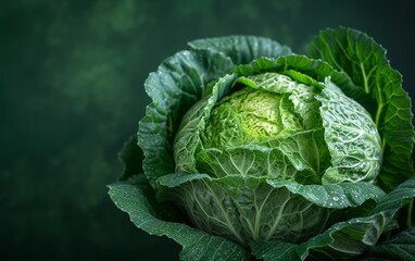 A close-up photograph of a head of cabbage with vibrant green leaves set against a dark background. The leaves are fresh and crisp, showcasing the texture and color of the cabbage
