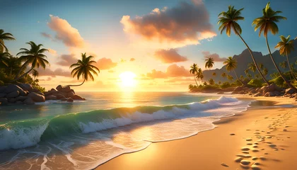  Abendrot oder Sonnenaufgang am Strand mit tropischen Palmen, einem Ozean oder Meer aus türkisen Wasser mit Wellen und einem weiten Himmel mit Sonne Wolken in bunten Farben schöner Urlaub Insel Küste © www.barfuss-junge.de