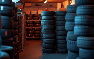 The image captures a room packed with numerous tires stacked on top of each other, creating a chaotic yet organized display of rubber objects - Powered by Adobe