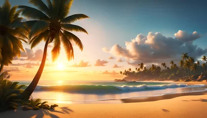 Stof per meter Abendrot oder Sonnenaufgang am Strand mit tropischen Palmen, einem Ozean oder Meer aus türkisen Wasser mit Wellen und einem weiten Himmel mit Sonne Wolken in bunten Farben schöner Urlaub Insel Küste © www.barfuss-junge.de