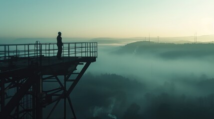 A construction worker stands on an elevated platform, overseeing a foggy industrial site, ensuring safety and project progress. AIG41 - obrazy, fototapety, plakaty