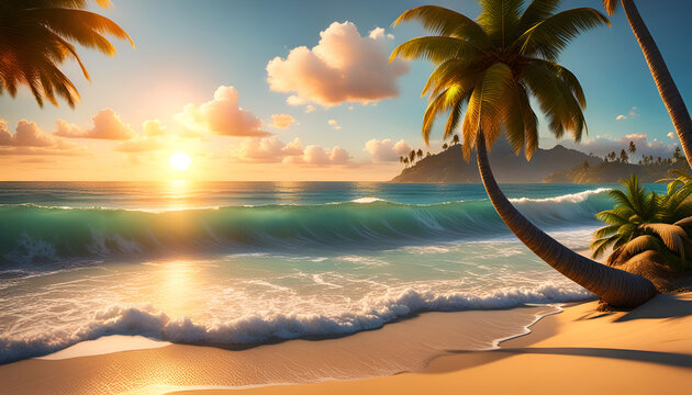 Abendrot oder Sonnenaufgang am Strand mit tropischen Palmen, einem Ozean oder Meer aus t&uuml;rkisen Wasser mit Wellen und einem weiten Himmel mit Sonne Wolken in bunten Farben sch&ouml;ner Urlaub Insel K&uuml;ste
