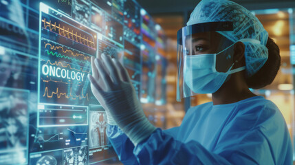 female medical professional in scrubs and a surgical mask, standing in front of a screen displaying the word "ONCOLOGY" and various medical charts and graphs
