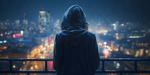 Naklejka premium Rainy city at night with Anime Girl looking out k Wallpaper. Concept Anime Girl, Rainy City, Night Sky, Wallpaper, Urban Scene
