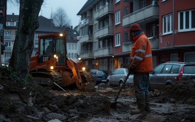 A photo showing a man wearing an orange jacket operating a bulldozer at a construction site. The man is focused on his work, maneuvering the heavy machinery to move earth and debris