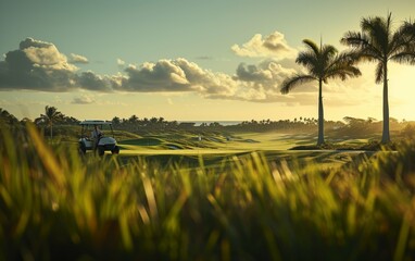 A golf cart with multiracial passengers is seen driving along the lush green fairway of a golf course during a beautiful sunset