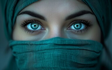 A photograph of a multiracial woman with striking blue eyes, dressed in a vibrant green scarf. She exudes confidence and style, showcasing her unique features